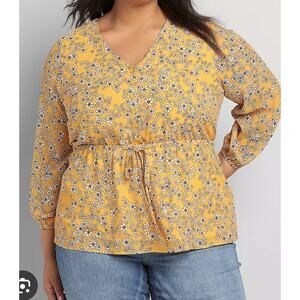 Lane Bryant Peplum Blouse Top Women's Size 24 Yellow Floral Long Sleeves Button